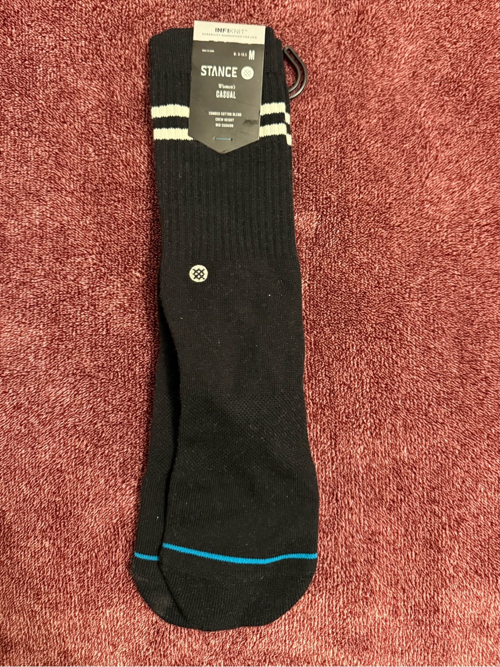 Stance Womens Black Crew Socks with White Stripes and Blue Toe